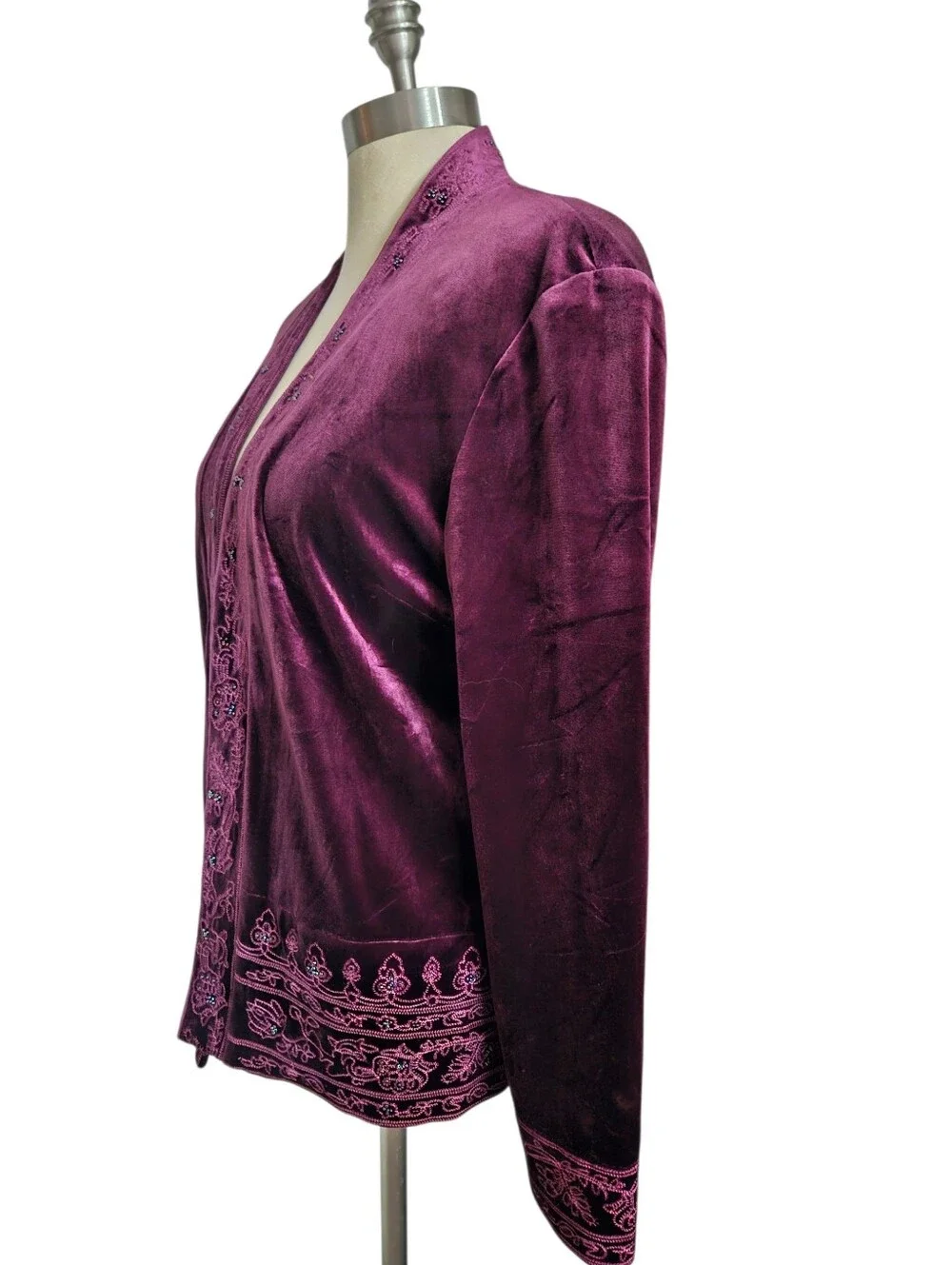 COLDWATER CREEK Deep Plum Velvet Embroidered Beaded Open Jacket | SZ 14 - Picture 3 of 11